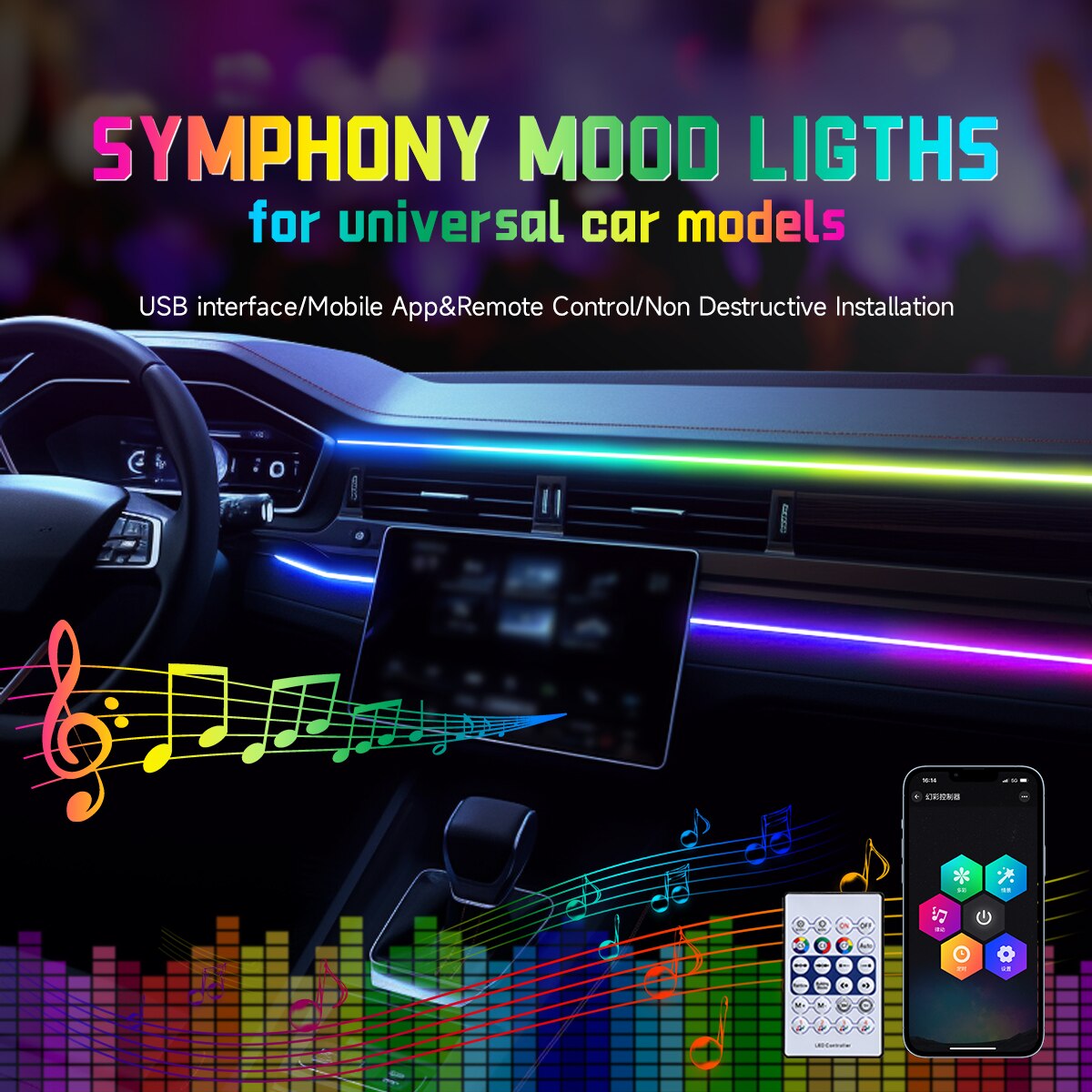 Car USB 64 Colors Acrylic Stri - Led Ambient Interior Car Lights App Control ulasan dan harga